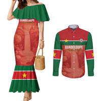 Custom Football Guadeloupe Red Couples Matching Mermaid Dress and Long Sleeve Button Shirt Les Gwada Boy Go Champions