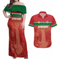 Custom Football Guadeloupe Red Couples Matching Off Shoulder Maxi Dress and Hawaiian Shirt Les Gwada Boy Go Champions