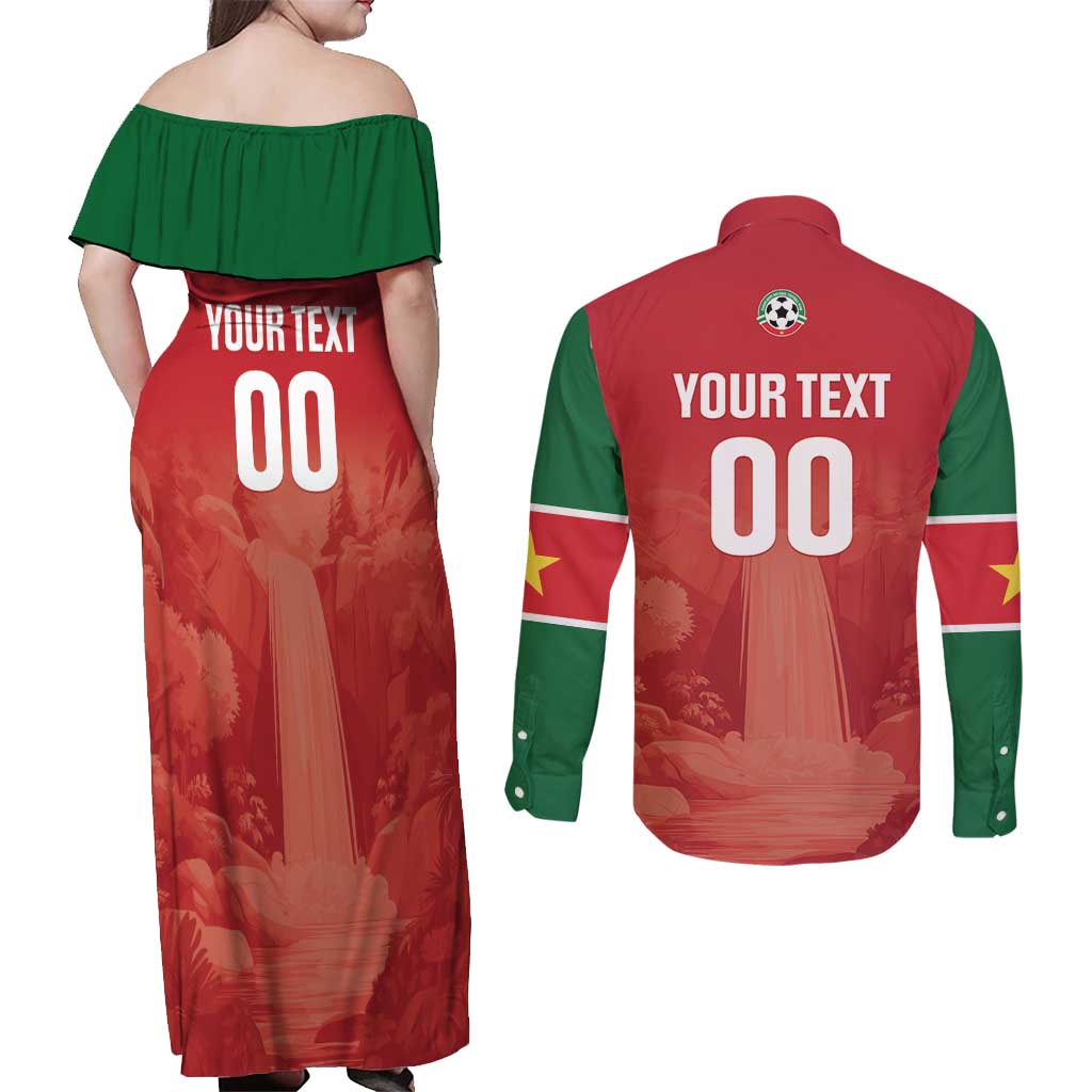 Custom Football Guadeloupe Red Couples Matching Off Shoulder Maxi Dress and Long Sleeve Button Shirt Les Gwada Boy Go Champions