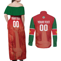 Custom Football Guadeloupe Red Couples Matching Off Shoulder Maxi Dress and Long Sleeve Button Shirt Les Gwada Boy Go Champions