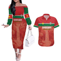 Custom Football Guadeloupe Red Couples Matching Off The Shoulder Long Sleeve Dress and Hawaiian Shirt Les Gwada Boy Go Champions