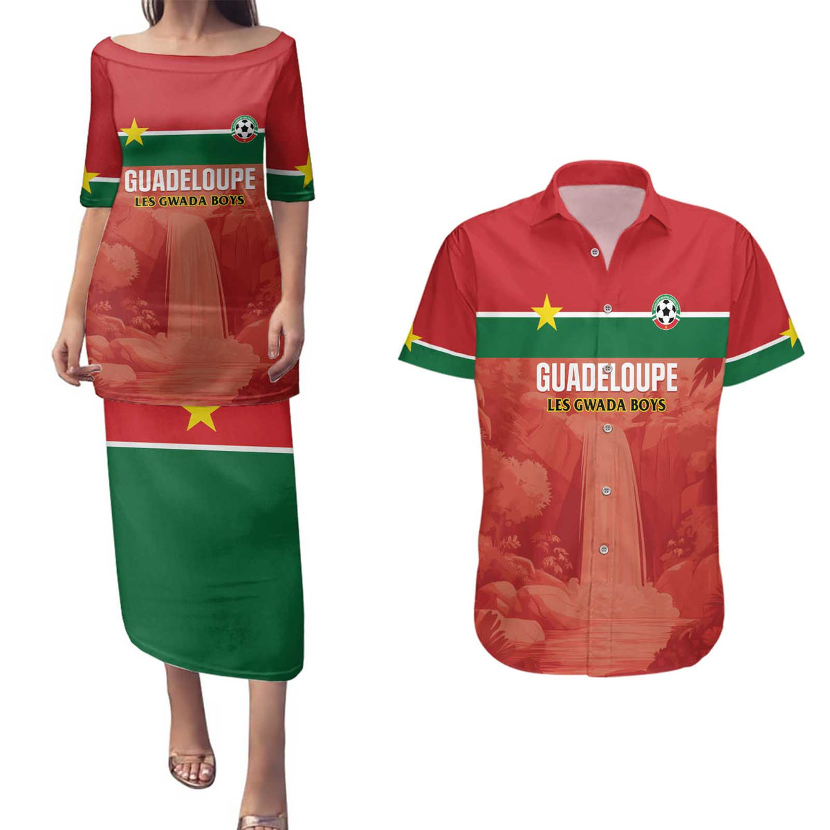 Custom Football Guadeloupe Red Couples Matching Puletasi and Hawaiian Shirt Les Gwada Boy Go Champions