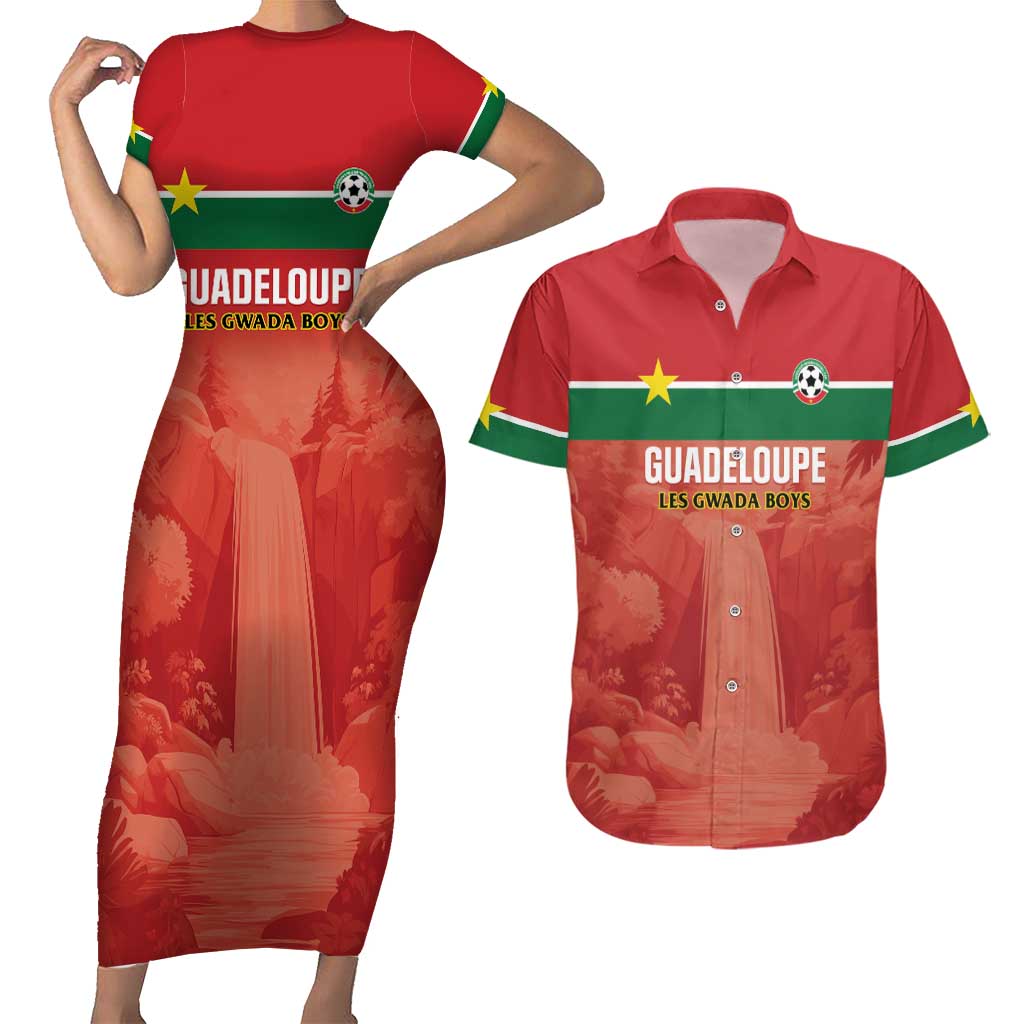 Custom Football Guadeloupe Red Couples Matching Short Sleeve Bodycon Dress and Hawaiian Shirt Les Gwada Boy Go Champions