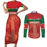 Custom Football Guadeloupe Red Couples Matching Short Sleeve Bodycon Dress and Long Sleeve Button Shirt Les Gwada Boy Go Champions