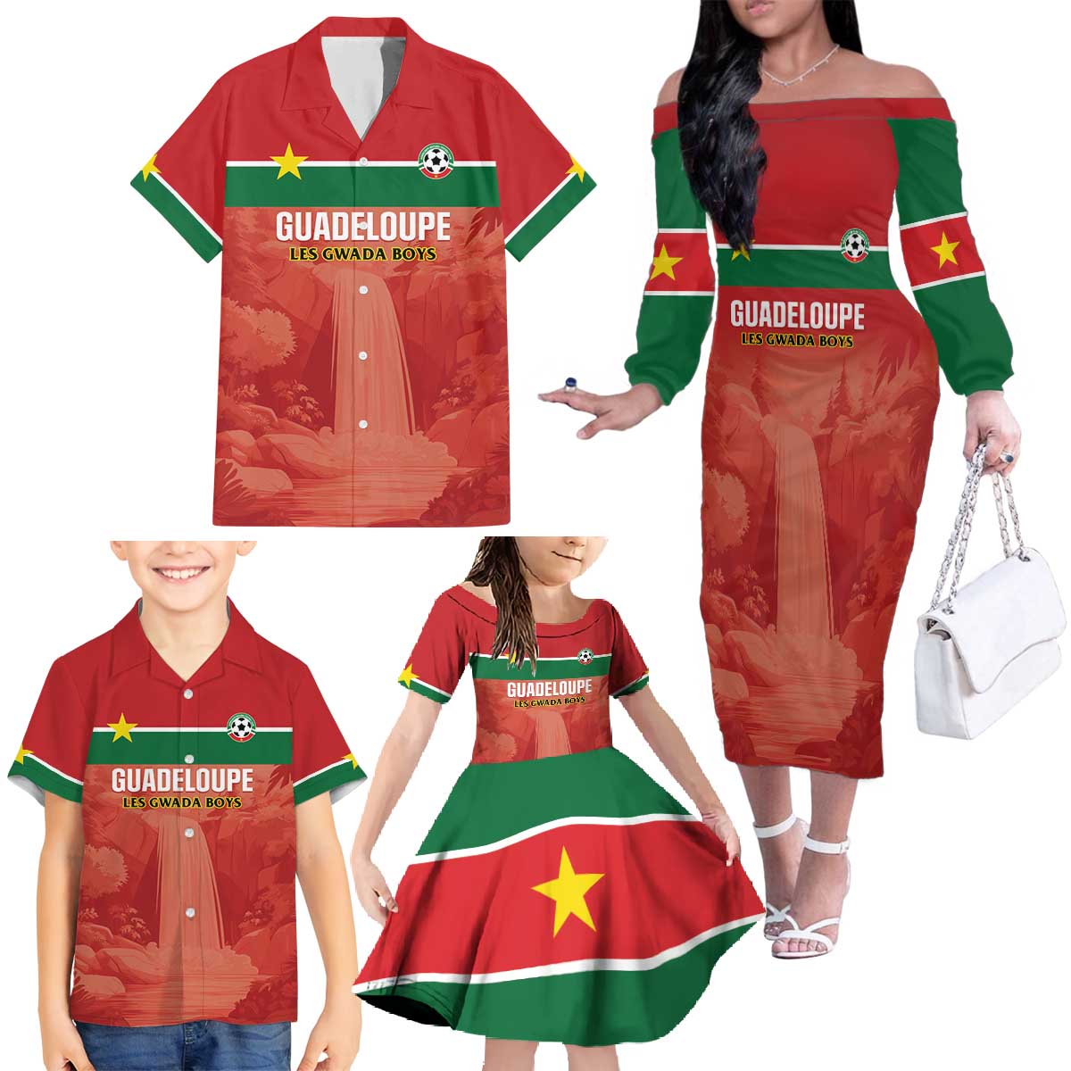 Custom Football Guadeloupe Red Family Matching Off The Shoulder Long Sleeve Dress and Hawaiian Shirt Les Gwada Boy Go Champions