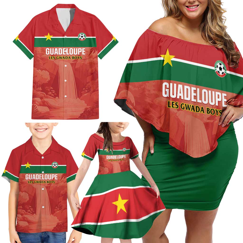 Custom Football Guadeloupe Red Family Matching Off Shoulder Short Dress and Hawaiian Shirt Les Gwada Boy Go Champions