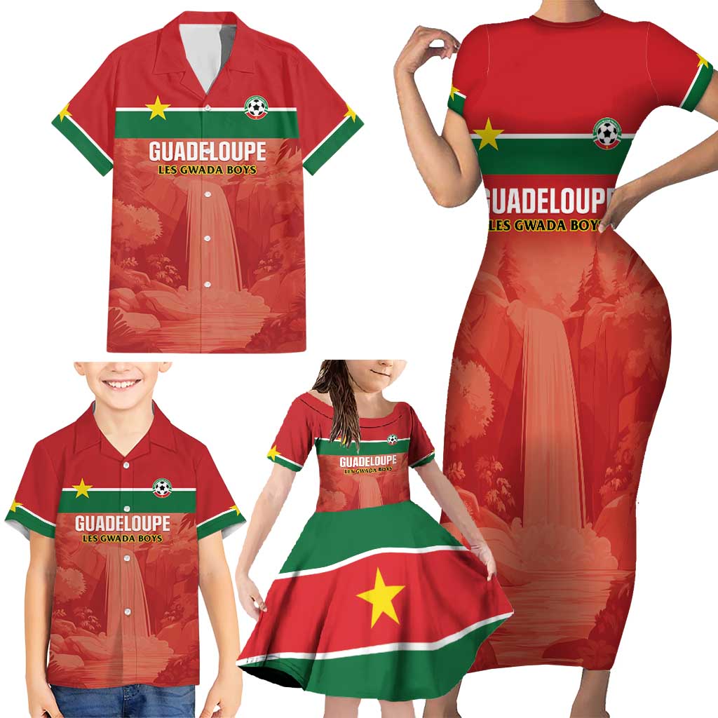 Custom Football Guadeloupe Red Family Matching Short Sleeve Bodycon Dress and Hawaiian Shirt Les Gwada Boy Go Champions