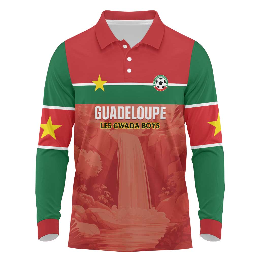 Custom Football Guadeloupe Red Long Sleeve Polo Shirt Les Gwada Boy Go Champions