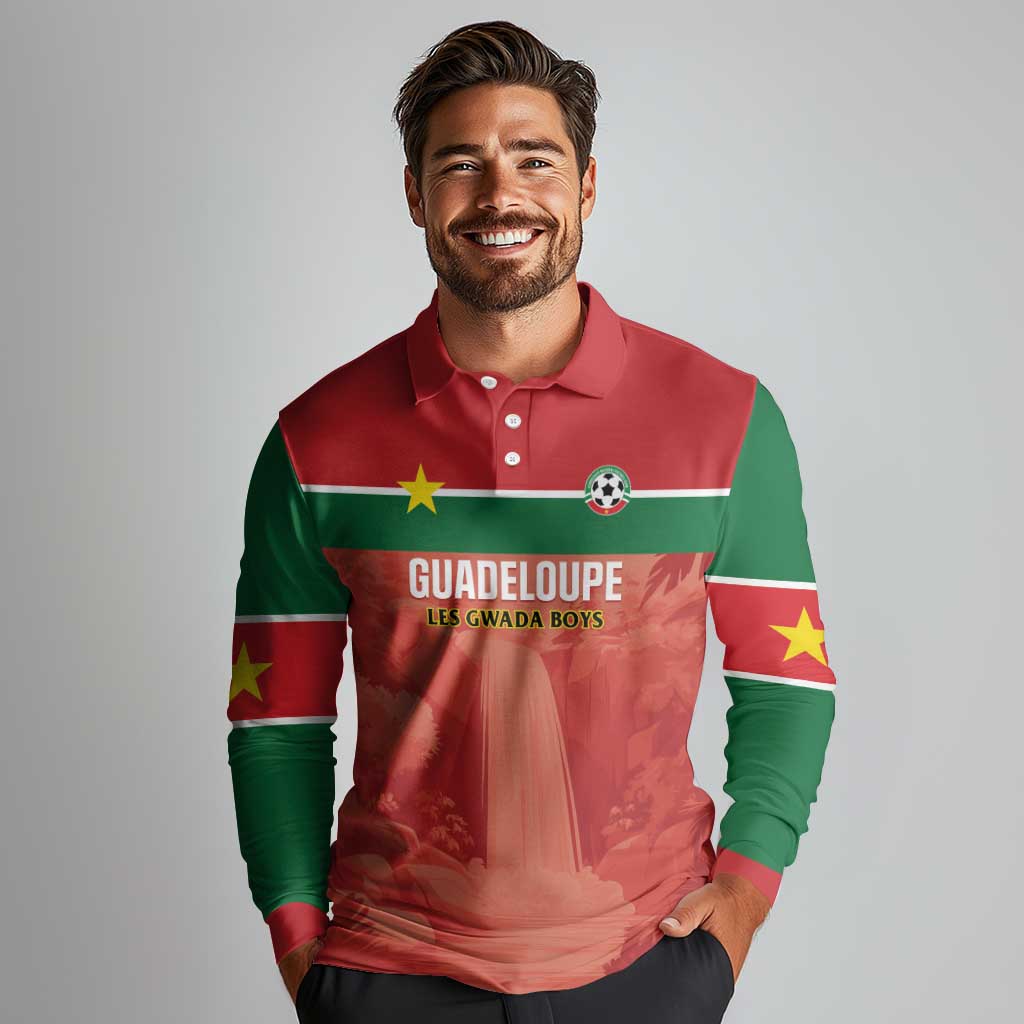 Custom Football Guadeloupe Red Long Sleeve Polo Shirt Les Gwada Boy Go Champions