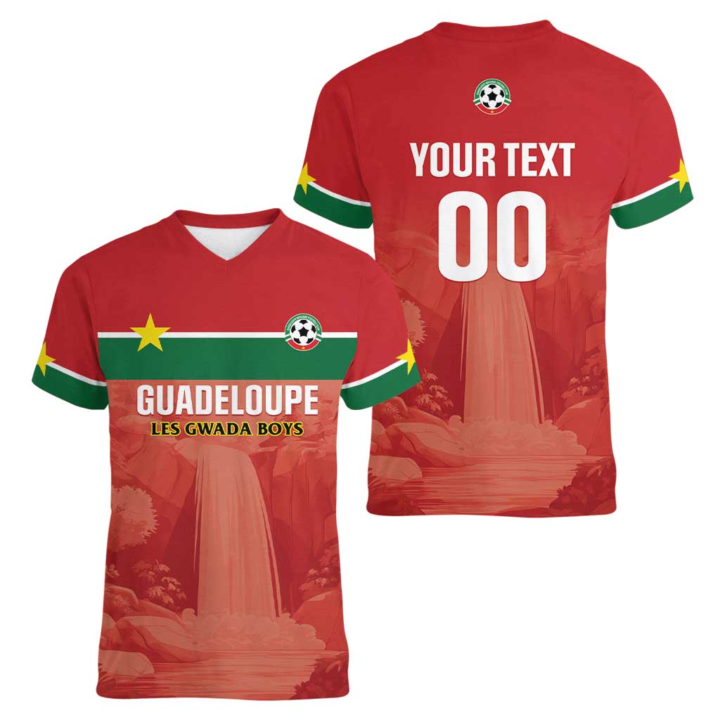 Custom Football Guadeloupe Red Women V-Neck T-Shirt Les Gwada Boy Go Champions