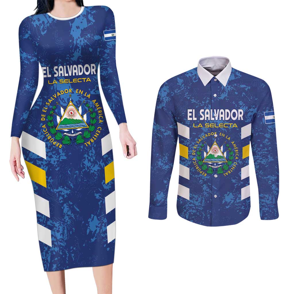 Custom El Salvador Football Couples Matching Long Sleeve Bodycon Dress and Long Sleeve Button Shirt La Selecta Go Champions