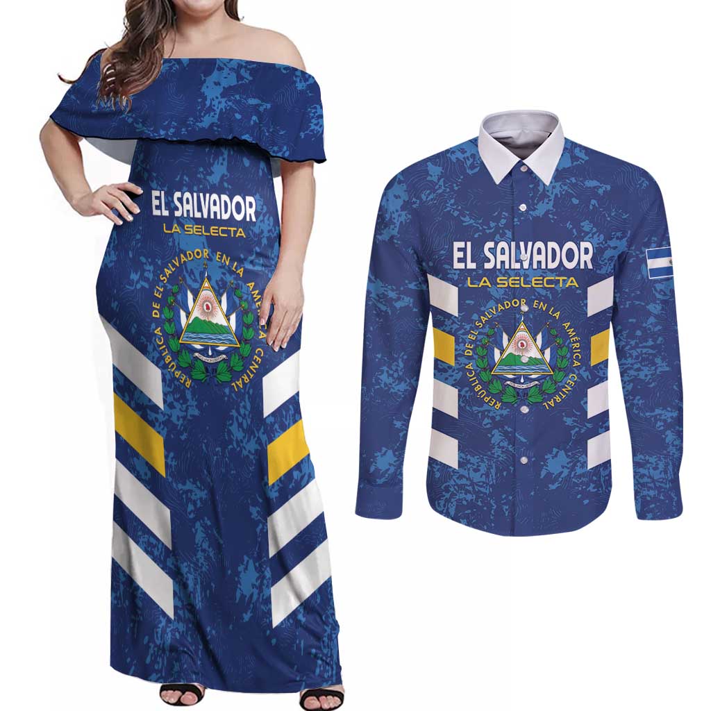 Custom El Salvador Football Couples Matching Off Shoulder Maxi Dress and Long Sleeve Button Shirt La Selecta Go Champions
