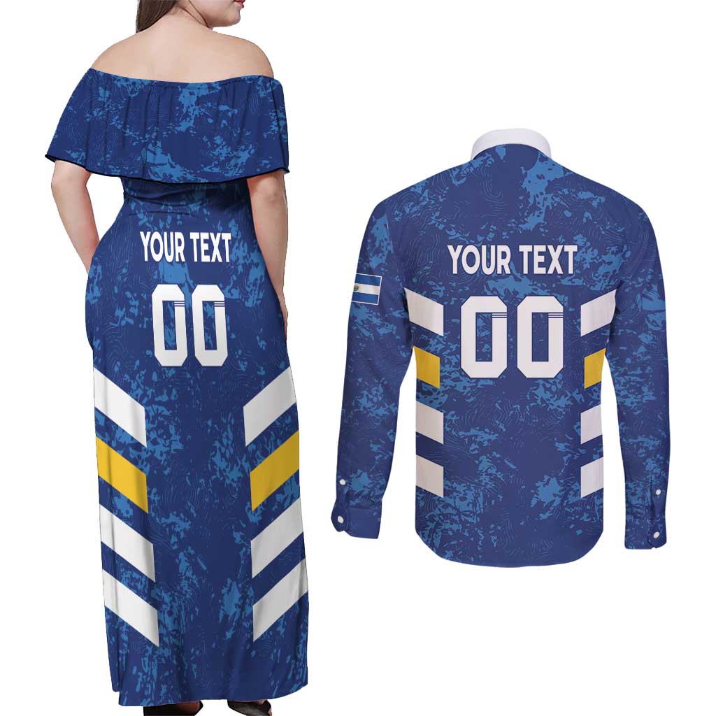 Custom El Salvador Football Couples Matching Off Shoulder Maxi Dress and Long Sleeve Button Shirt La Selecta Go Champions