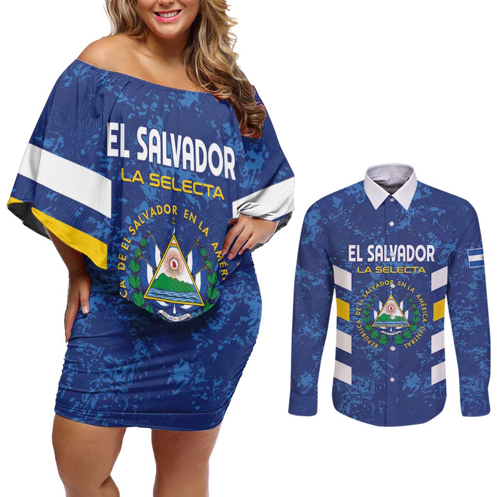 Custom El Salvador Football Couples Matching Off Shoulder Short Dress and Long Sleeve Button Shirt La Selecta Go Champions