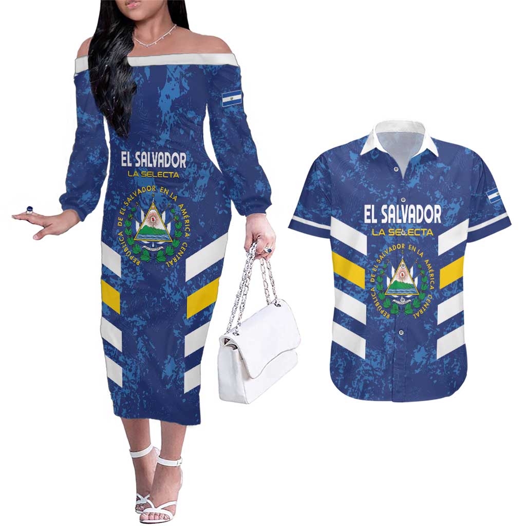Custom El Salvador Football Couples Matching Off The Shoulder Long Sleeve Dress and Hawaiian Shirt La Selecta Go Champions