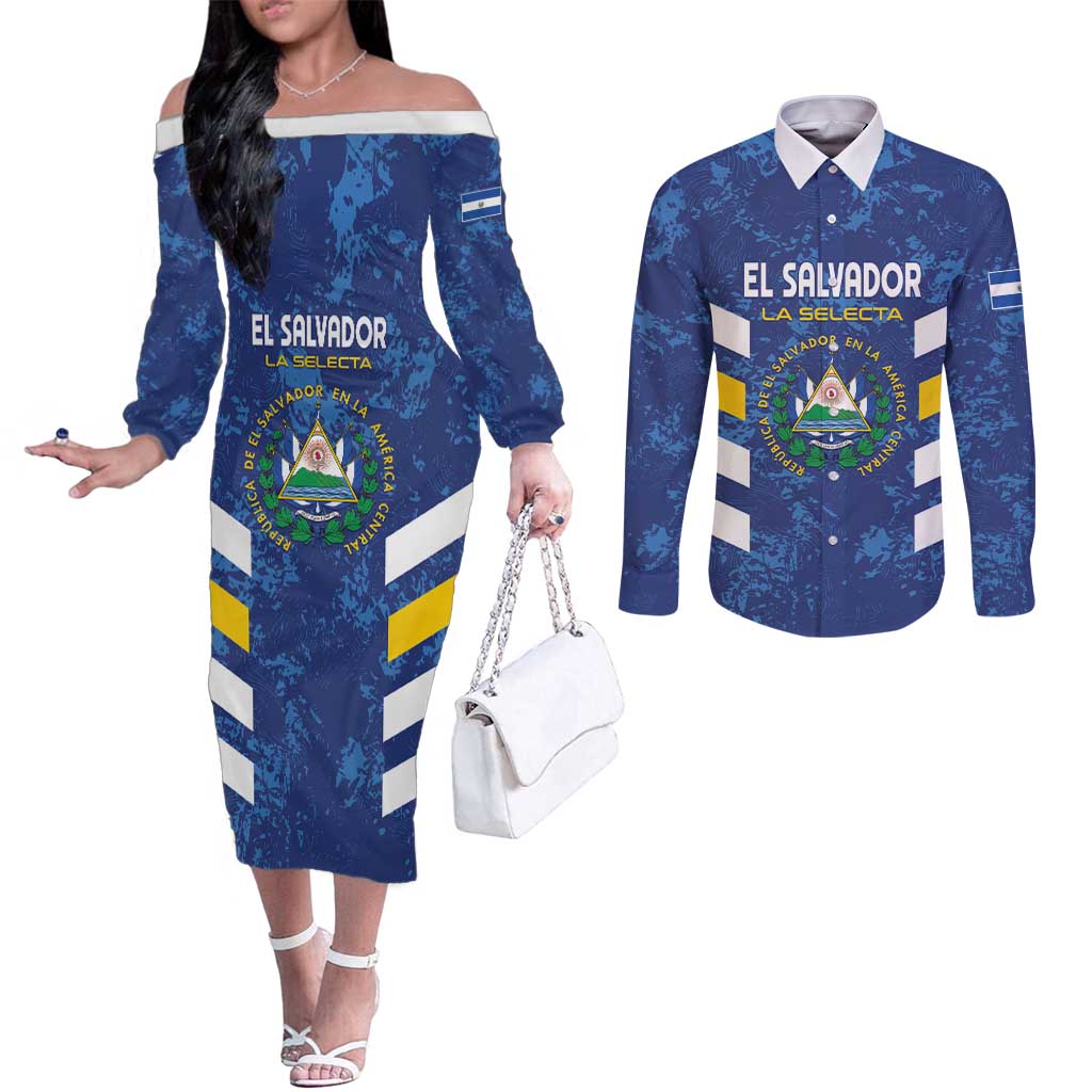 Custom El Salvador Football Couples Matching Off The Shoulder Long Sleeve Dress and Long Sleeve Button Shirt La Selecta Go Champions