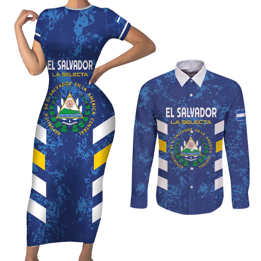 Custom El Salvador Football Couples Matching Short Sleeve Bodycon Dress and Long Sleeve Button Shirt La Selecta Go Champions