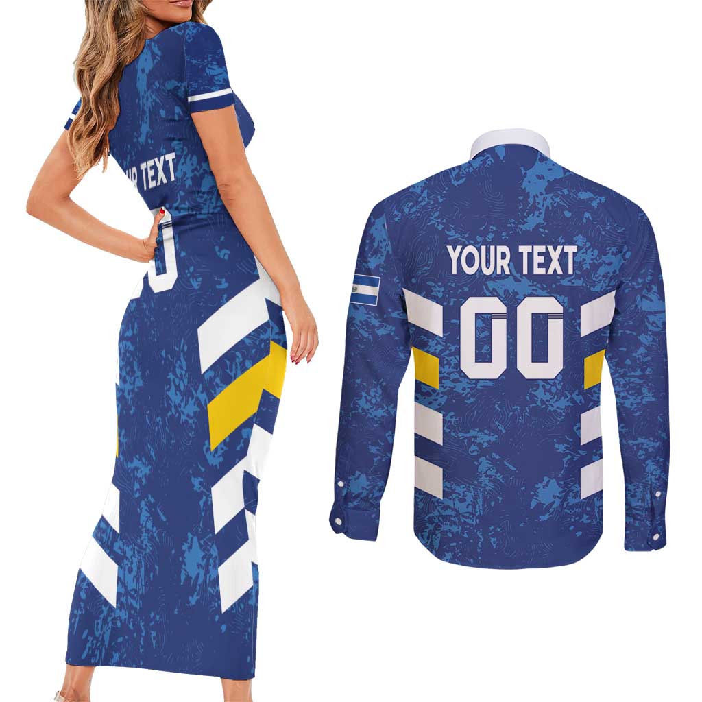 Custom El Salvador Football Couples Matching Short Sleeve Bodycon Dress and Long Sleeve Button Shirt La Selecta Go Champions