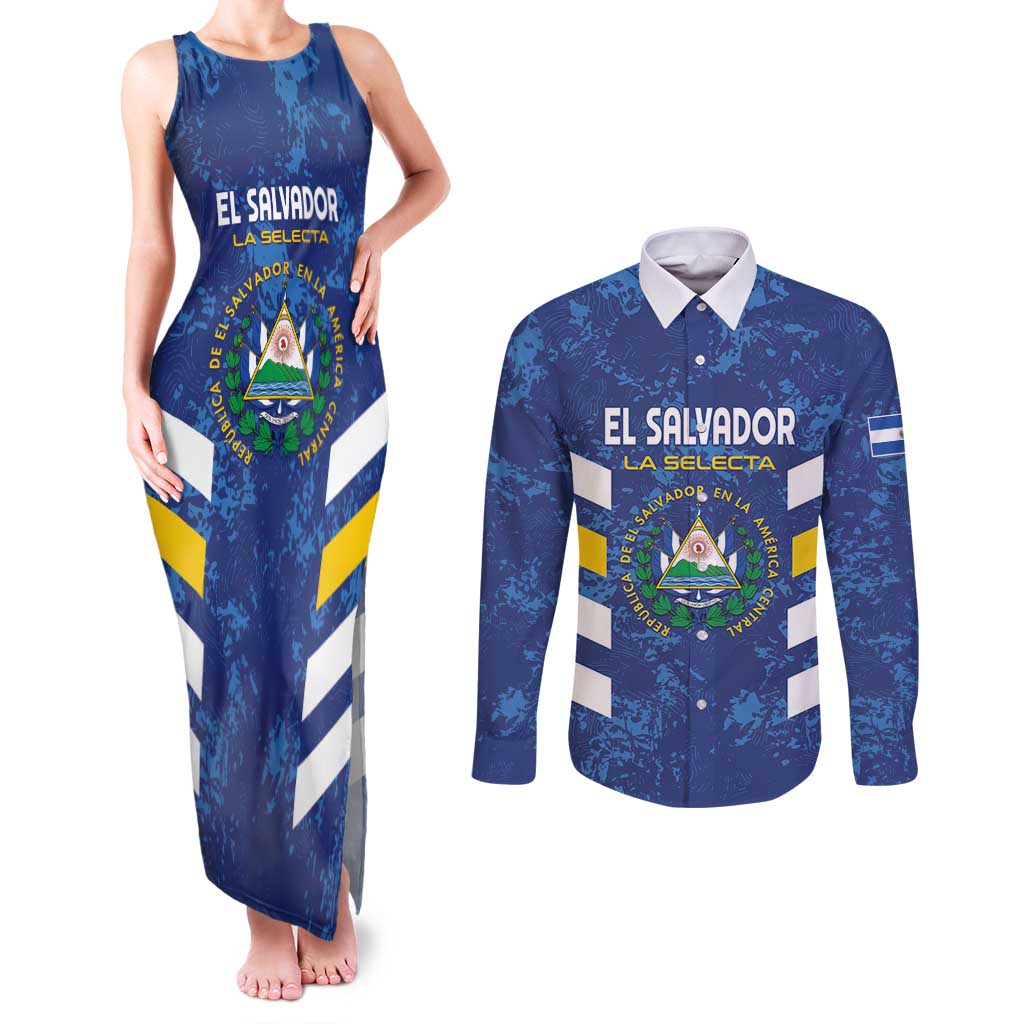 Custom El Salvador Football Couples Matching Tank Maxi Dress and Long Sleeve Button Shirt La Selecta Go Champions