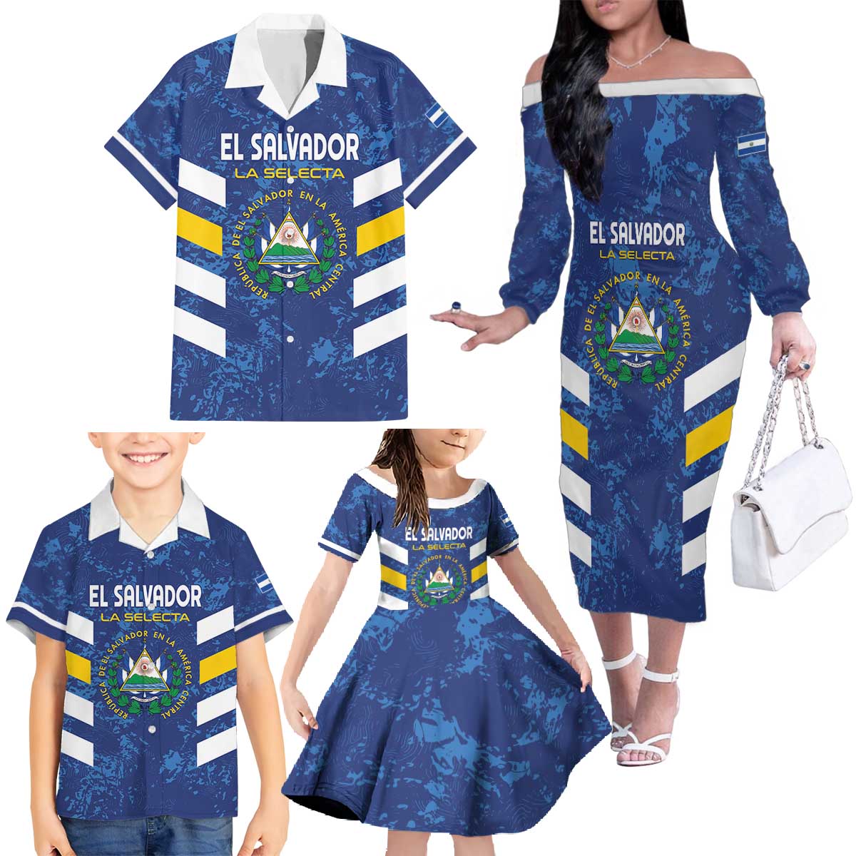 Custom El Salvador Football Family Matching Off The Shoulder Long Sleeve Dress and Hawaiian Shirt La Selecta Go Champions