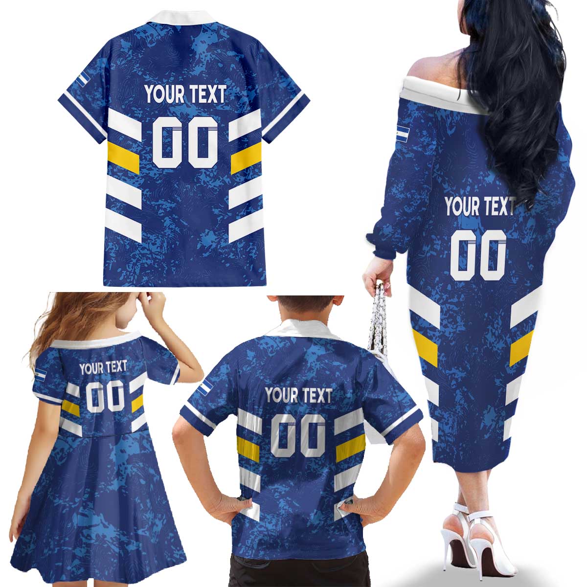 Custom El Salvador Football Family Matching Off The Shoulder Long Sleeve Dress and Hawaiian Shirt La Selecta Go Champions