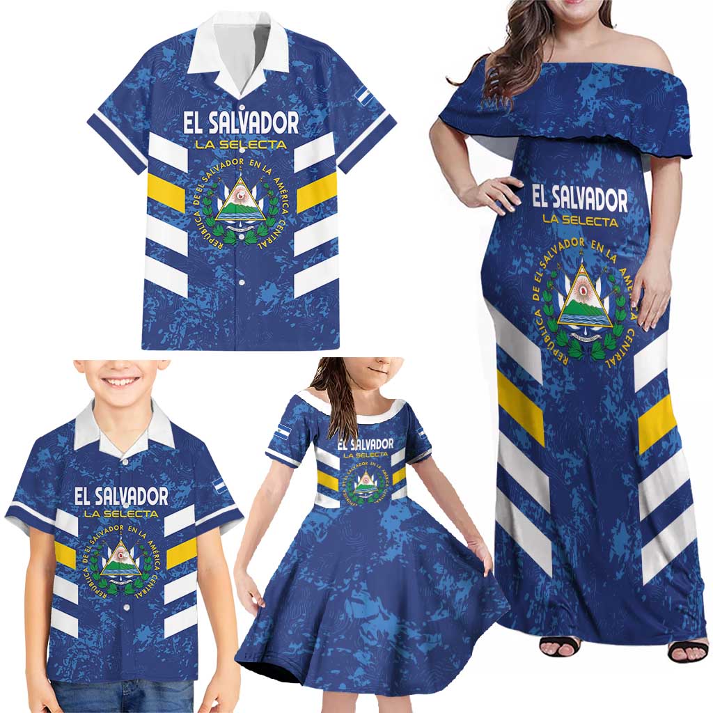 Custom El Salvador Football Family Matching Off Shoulder Maxi Dress and Hawaiian Shirt La Selecta Go Champions