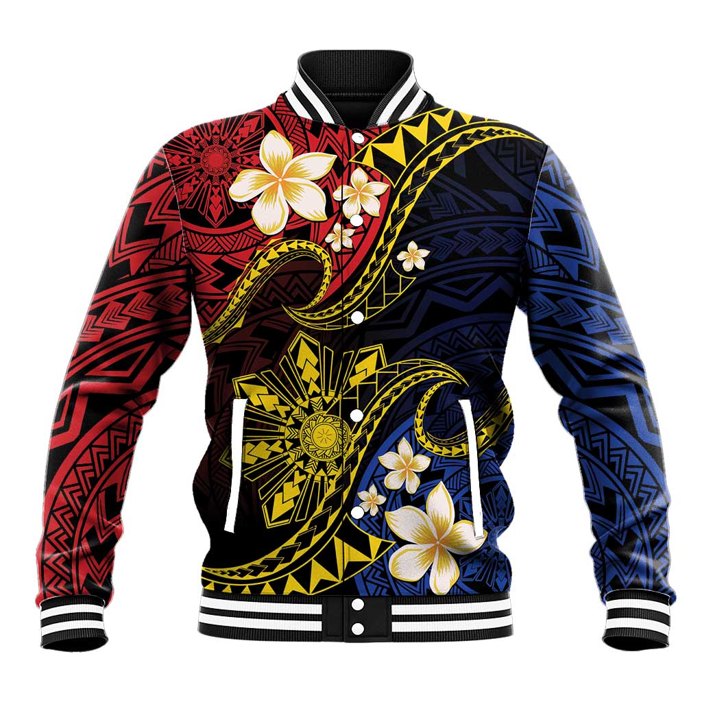 Philippines Spirit Tribal Sun Plumeria Baseball Jacket Red And Blue Polynesian Pattern