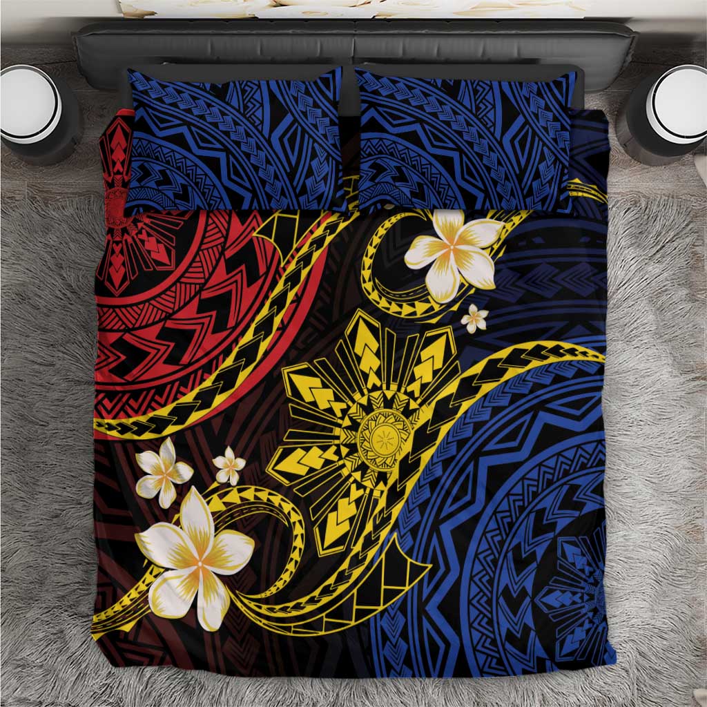 Philippines Spirit Tribal Sun Plumeria Bedding Set Red And Blue Polynesian Pattern