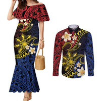 Philippines Spirit Tribal Sun Plumeria Couples Matching Mermaid Dress and Long Sleeve Button Shirt Red And Blue Polynesian Pattern