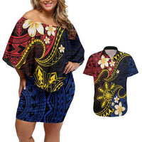 Philippines Spirit Tribal Sun Plumeria Couples Matching Off Shoulder Short Dress and Hawaiian Shirt Red And Blue Polynesian Pattern