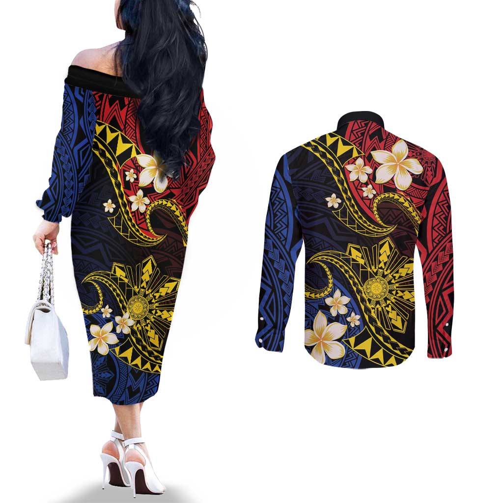 Philippines Spirit Tribal Sun Plumeria Couples Matching Off The Shoulder Long Sleeve Dress and Long Sleeve Button Shirt Red And Blue Polynesian Pattern