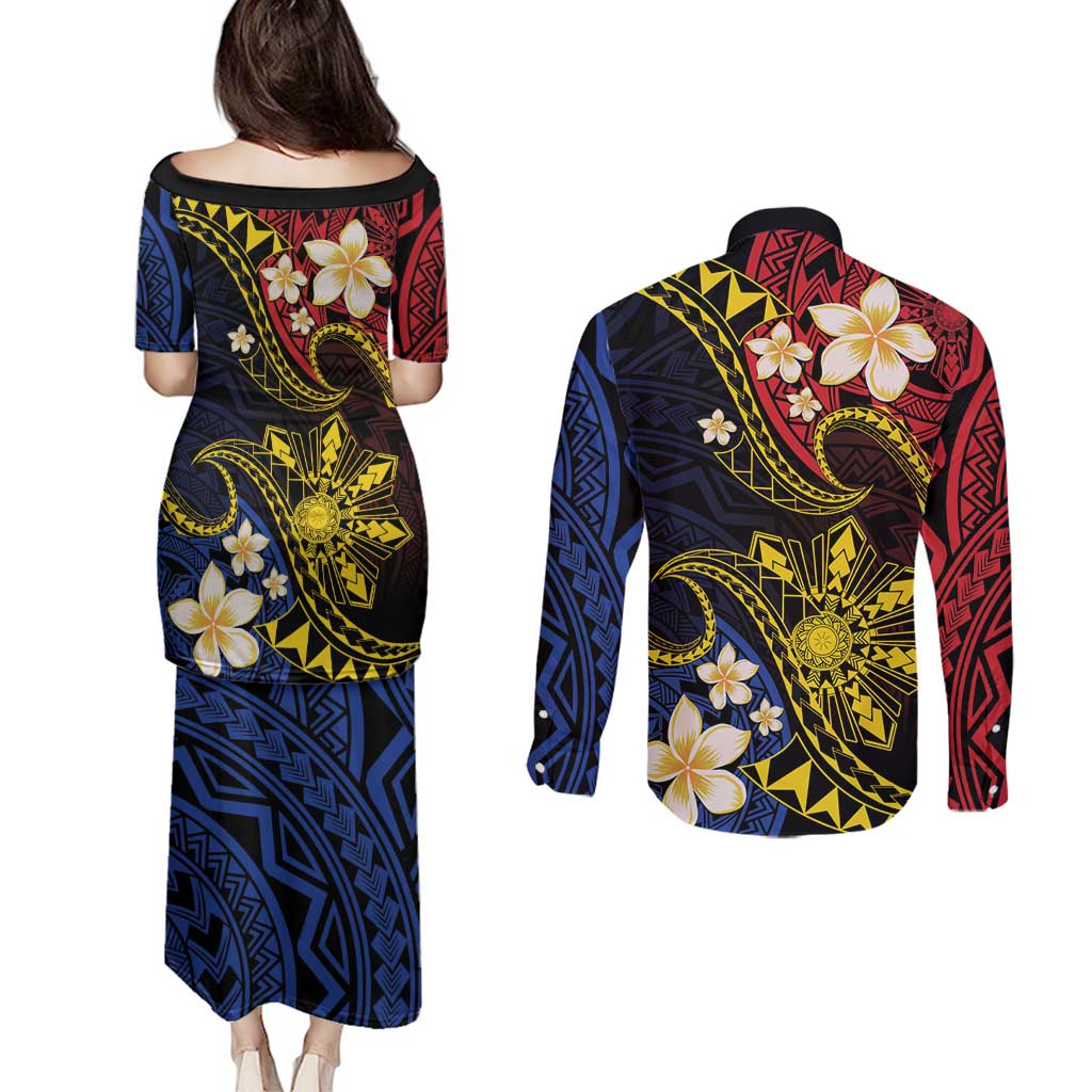 Philippines Spirit Tribal Sun Plumeria Couples Matching Puletasi and Long Sleeve Button Shirt Red And Blue Polynesian Pattern