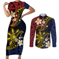 Philippines Spirit Tribal Sun Plumeria Couples Matching Short Sleeve Bodycon Dress and Long Sleeve Button Shirt Red And Blue Polynesian Pattern