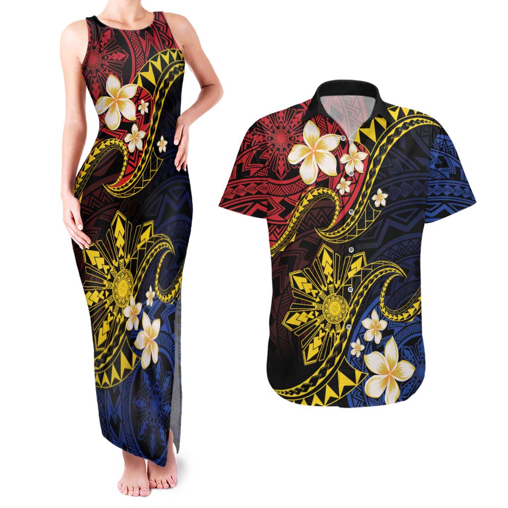 Philippines Spirit Tribal Sun Plumeria Couples Matching Tank Maxi Dress and Hawaiian Shirt Red And Blue Polynesian Pattern