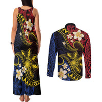 Philippines Spirit Tribal Sun Plumeria Couples Matching Tank Maxi Dress and Long Sleeve Button Shirt Red And Blue Polynesian Pattern