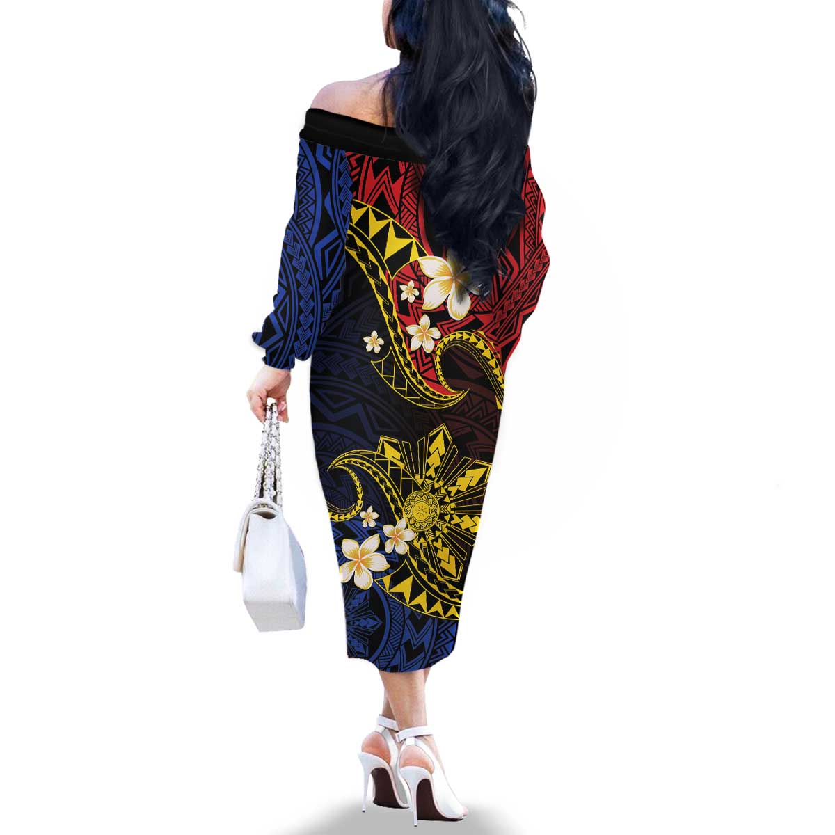 Philippines Spirit Tribal Sun Plumeria Family Matching Off The Shoulder Long Sleeve Dress and Hawaiian Shirt Red And Blue Polynesian Pattern