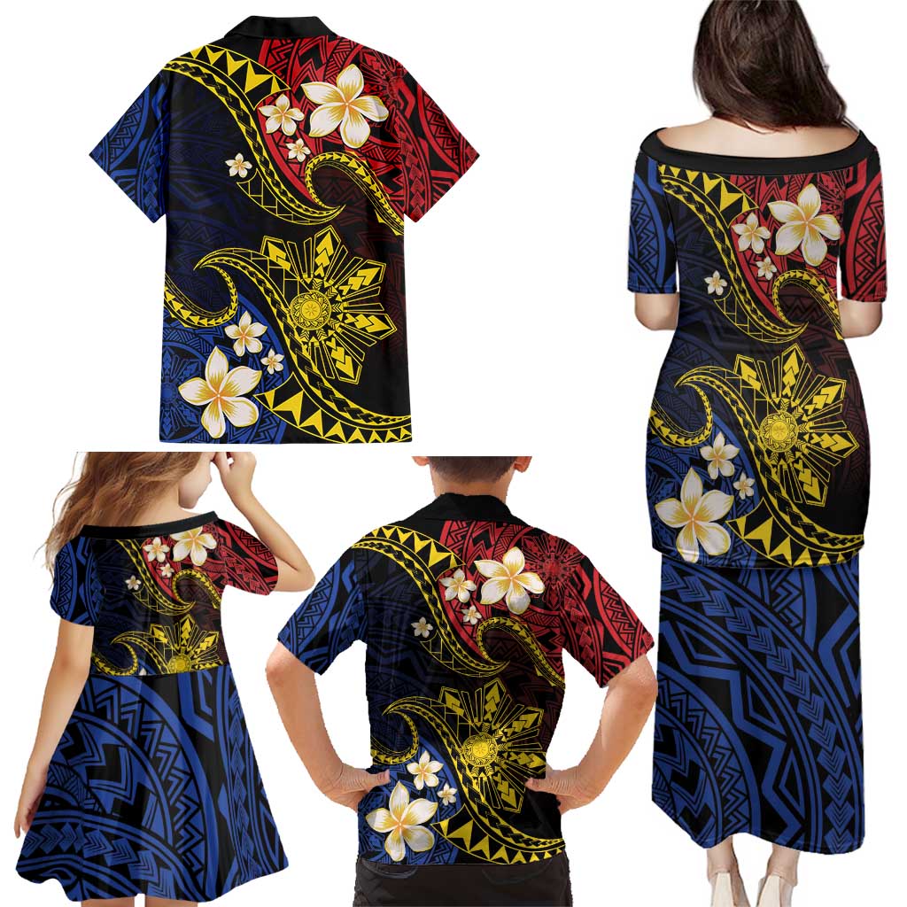 Philippines Spirit Tribal Sun Plumeria Family Matching Puletasi and Hawaiian Shirt Red And Blue Polynesian Pattern