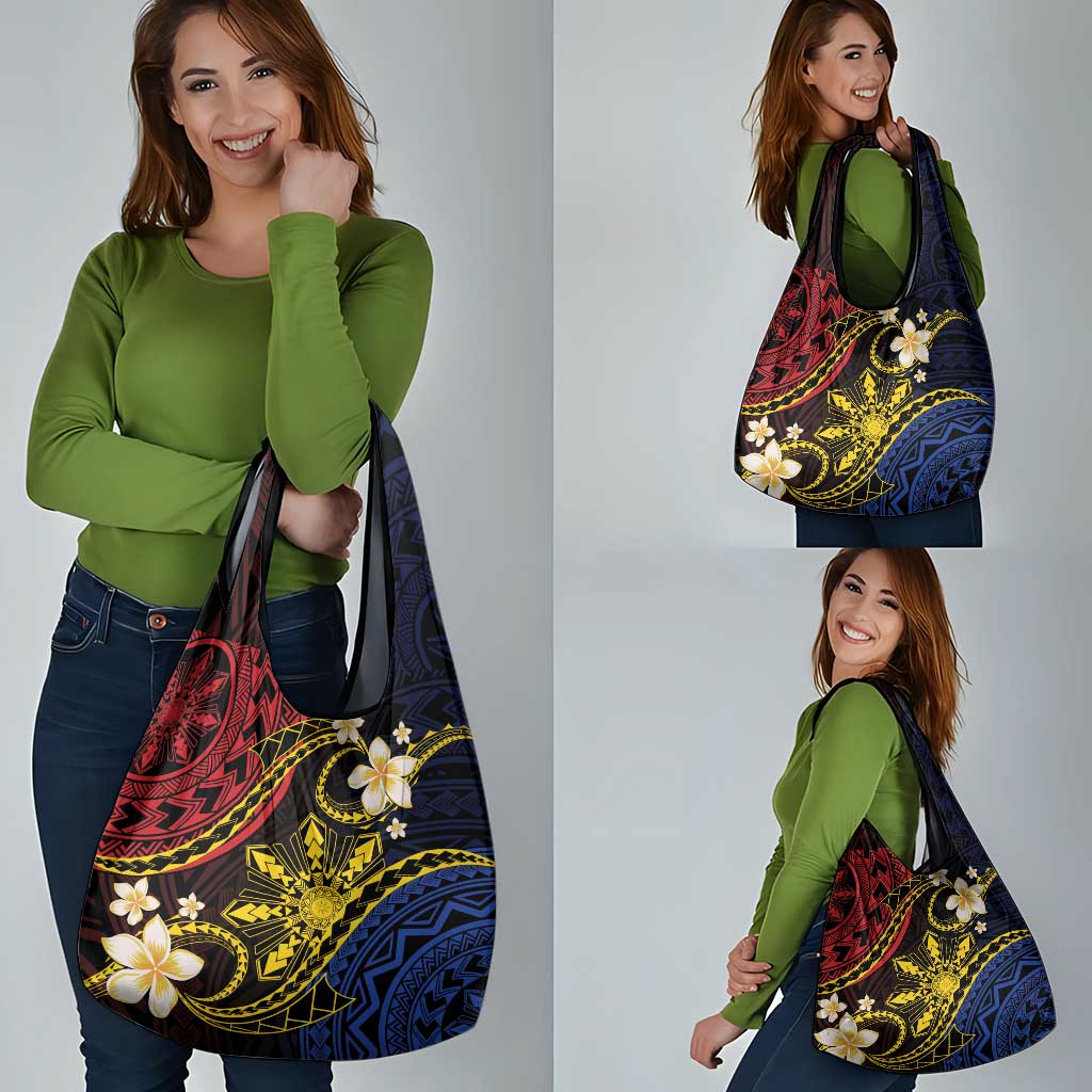 Philippines Spirit Tribal Sun Plumeria Grocery Bag Red And Blue Polynesian Pattern