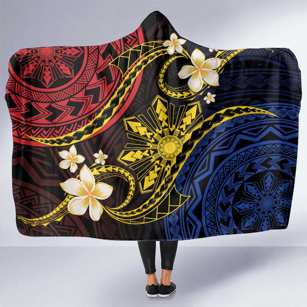 Philippines Spirit Tribal Sun Plumeria Hooded Blanket Red And Blue Polynesian Pattern