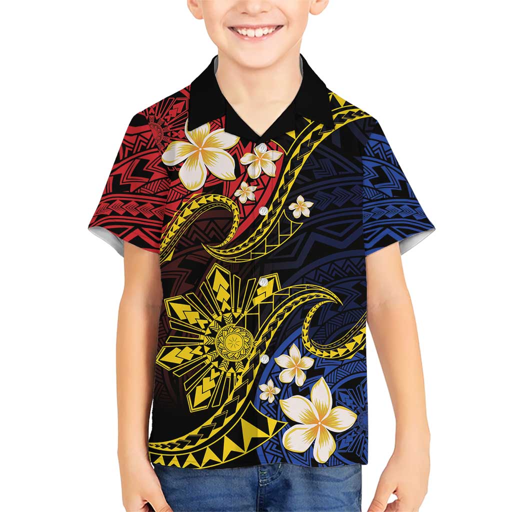 Philippines Spirit Tribal Sun Plumeria Kid Hawaiian Shirt Red And Blue Polynesian Pattern