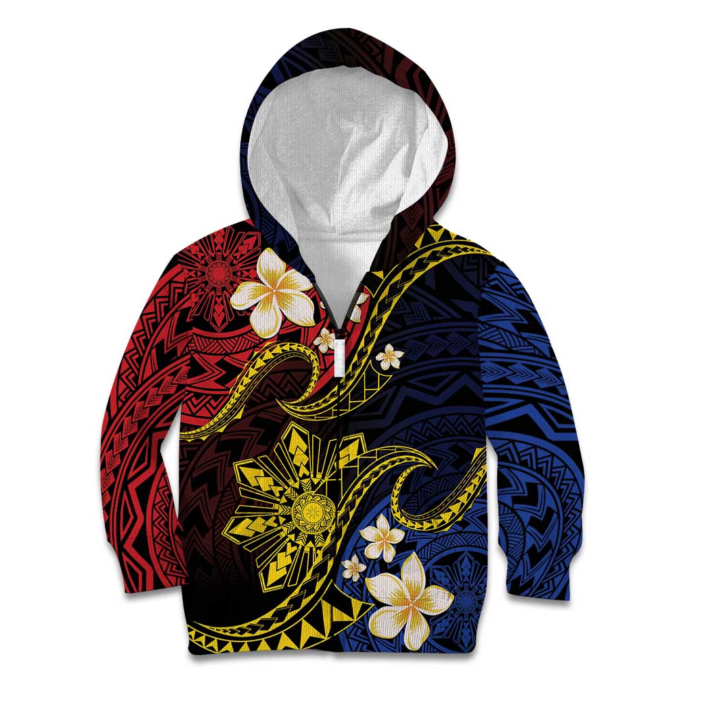 Philippines Spirit Tribal Sun Plumeria Kid Hoodie Red And Blue Polynesian Pattern