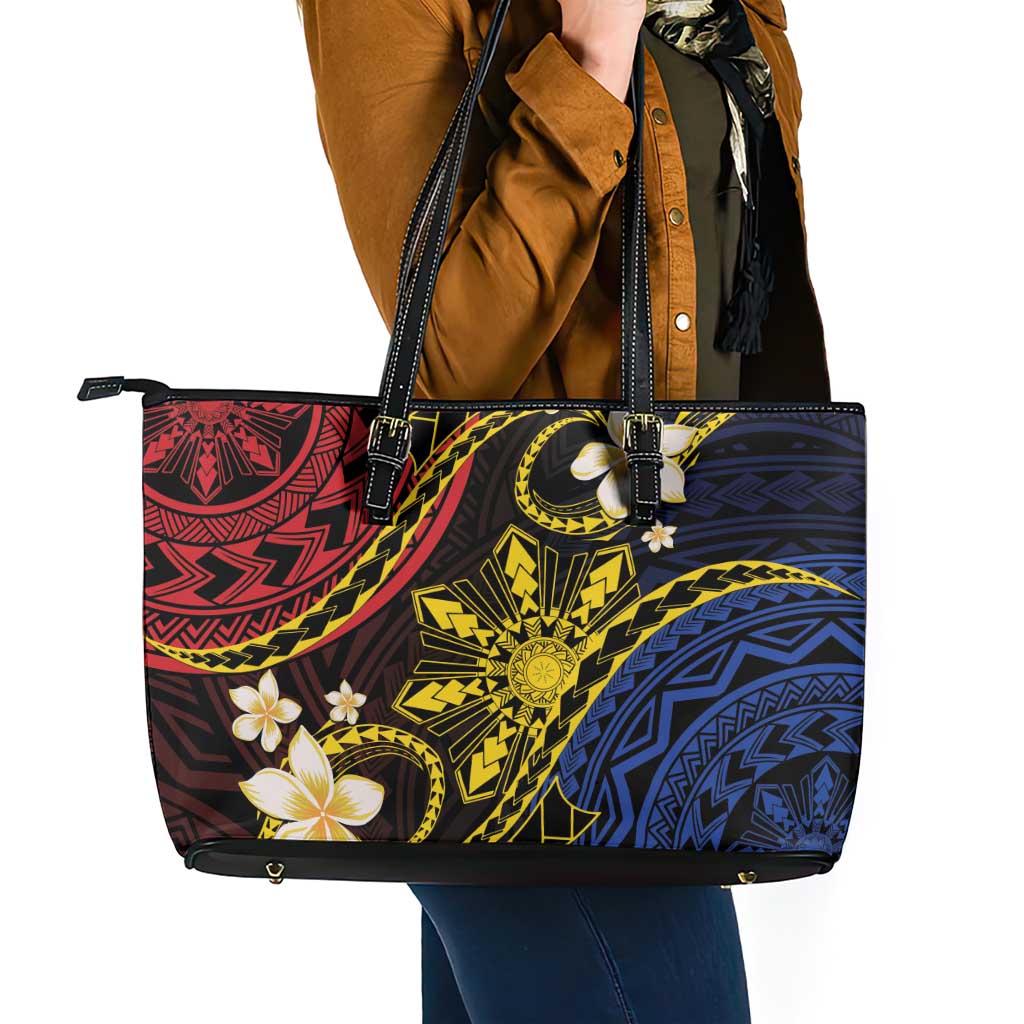 Philippines Spirit Tribal Sun Plumeria Leather Tote Bag Red And Blue Polynesian Pattern