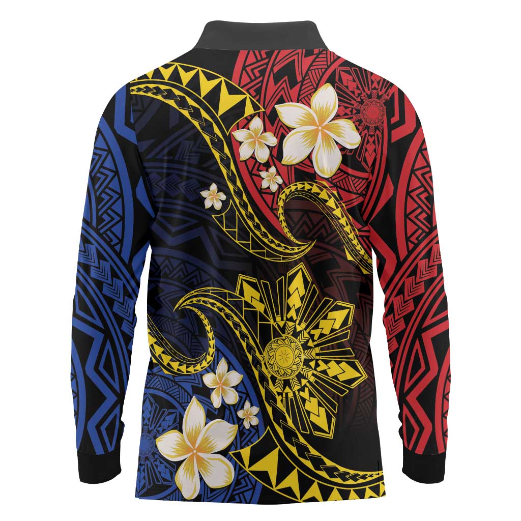 Philippines Spirit Tribal Sun Plumeria Long Sleeve Polo Shirt Red And Blue Polynesian Pattern