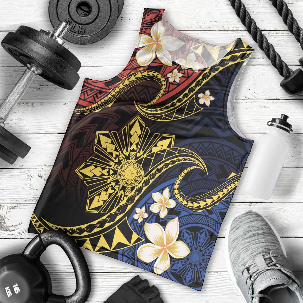 Philippines Spirit Tribal Sun Plumeria Men Tank Top Red And Blue Polynesian Pattern