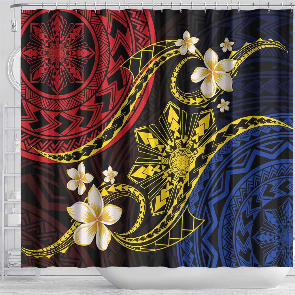 Philippines Spirit Tribal Sun Plumeria Shower Curtain Red And Blue Polynesian Pattern