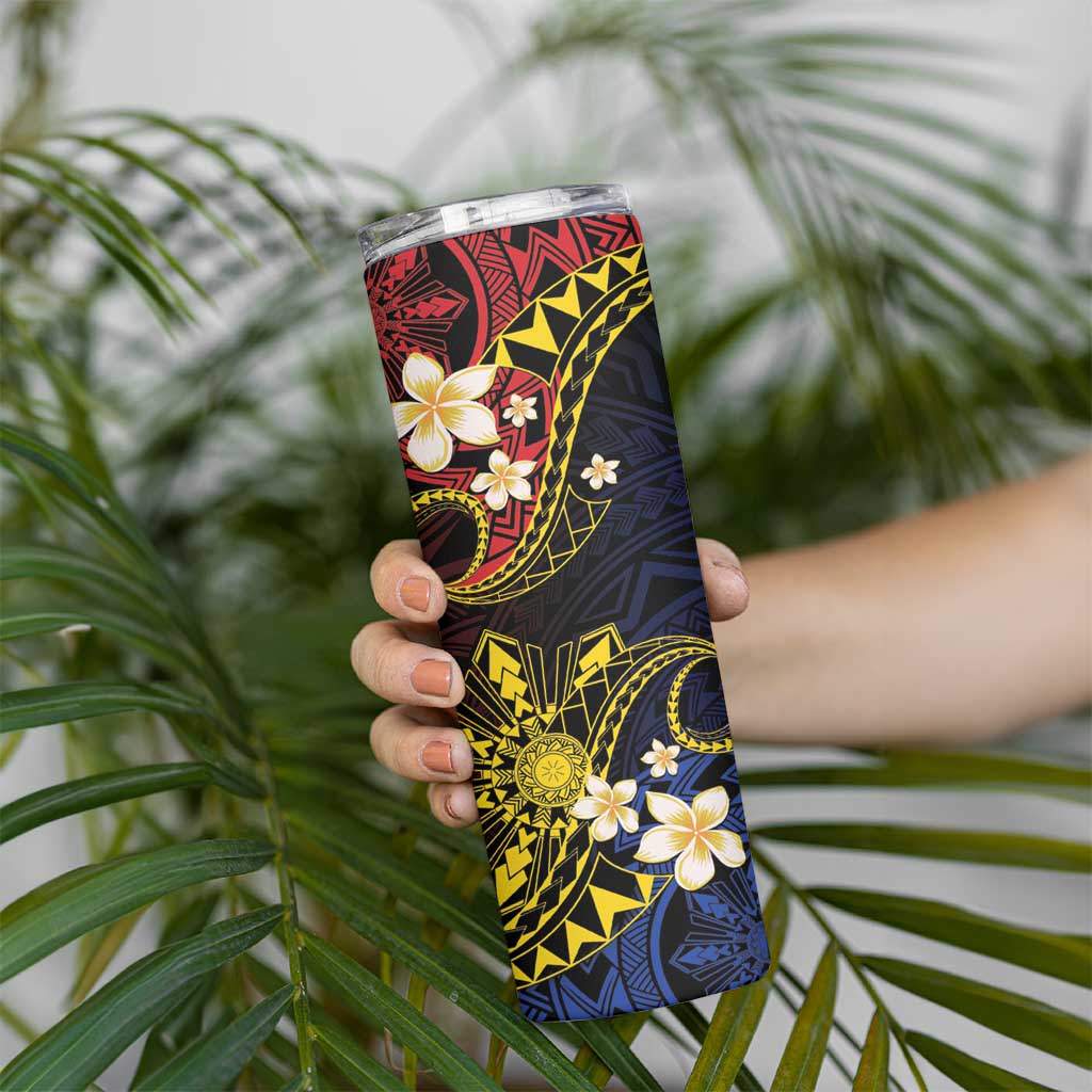 Philippines Spirit Tribal Sun Plumeria Skinny Tumbler Red And Blue Polynesian Pattern