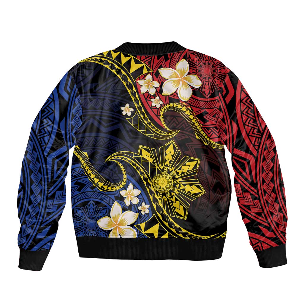 Philippines Spirit Tribal Sun Plumeria Sleeve Zip Bomber Jacket Red And Blue Polynesian Pattern
