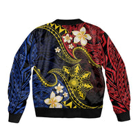Philippines Spirit Tribal Sun Plumeria Sleeve Zip Bomber Jacket Red And Blue Polynesian Pattern