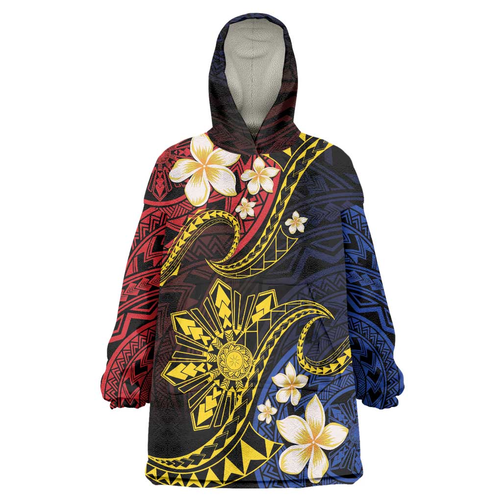 Philippines Spirit Tribal Sun Plumeria Wearable Blanket Hoodie Red And Blue Polynesian Pattern