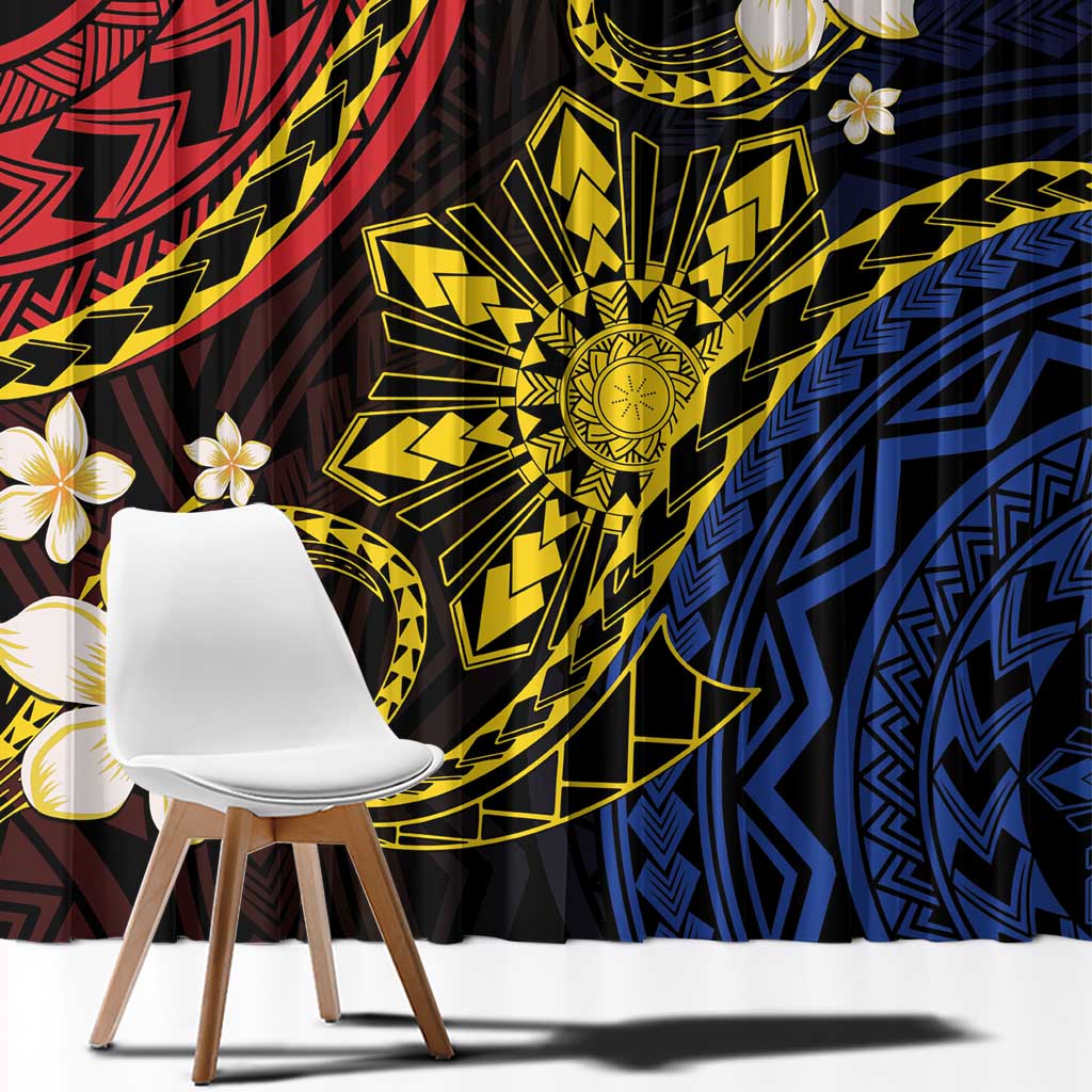 Philippines Spirit Tribal Sun Plumeria Window Curtain Red And Blue Polynesian Pattern